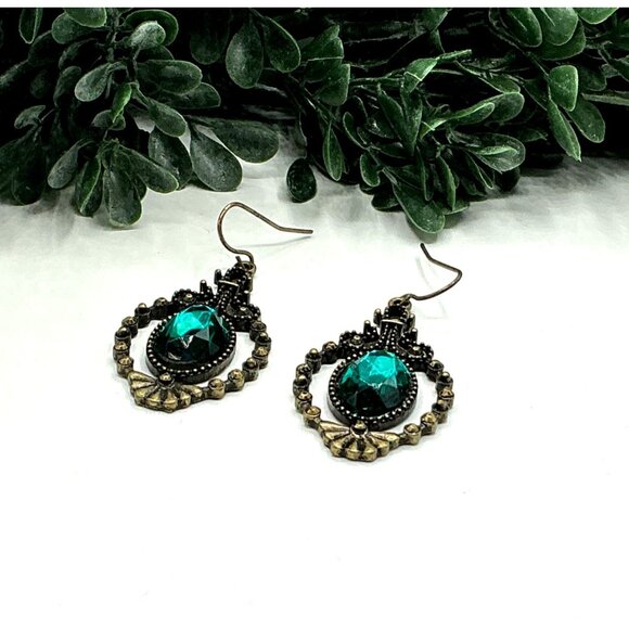 Vintage Style Bronze and Teal Green Resin Dangle Earrings - Picture 2 of 4